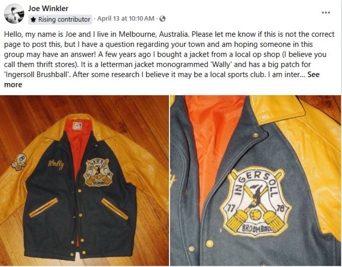 This 1970s varsity jacket from Ingersoll, Ont., was found in an Australian thrift shop