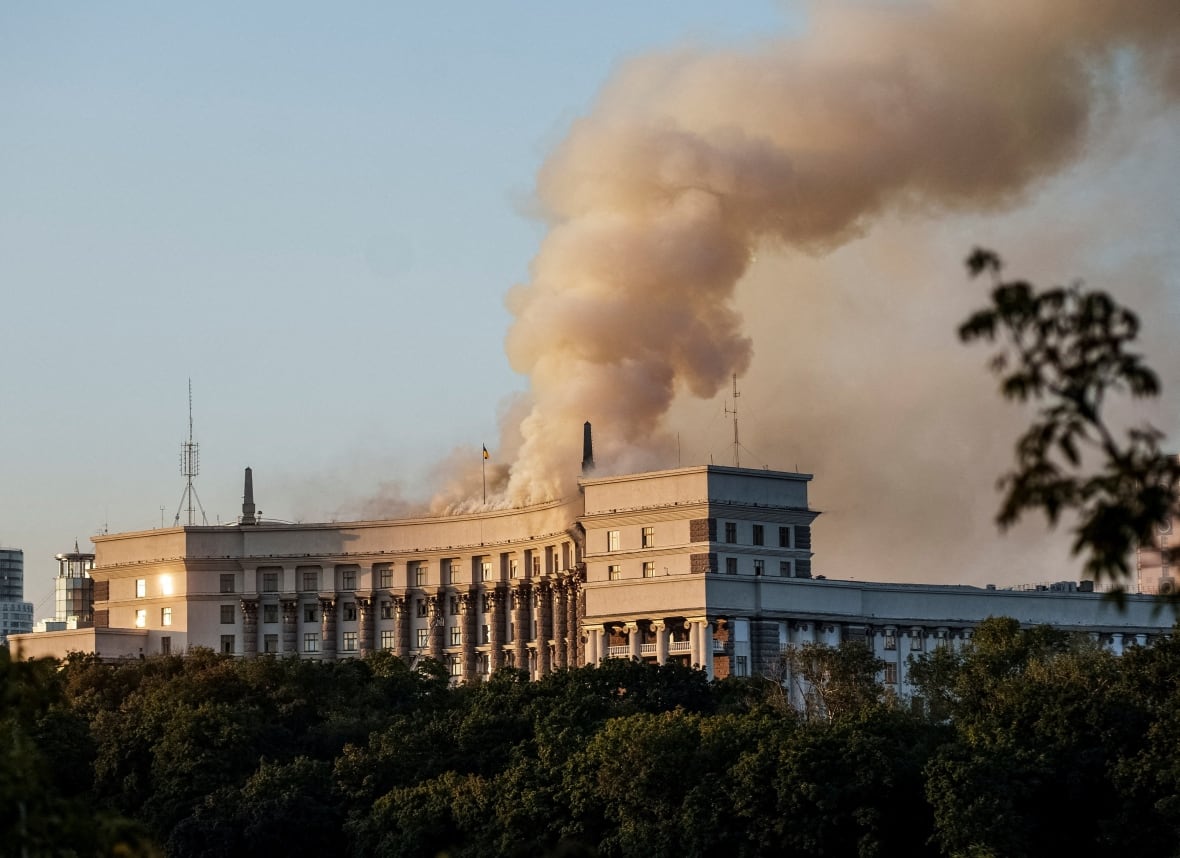 Russia's largest air attack on Ukraine sets fire to main government building