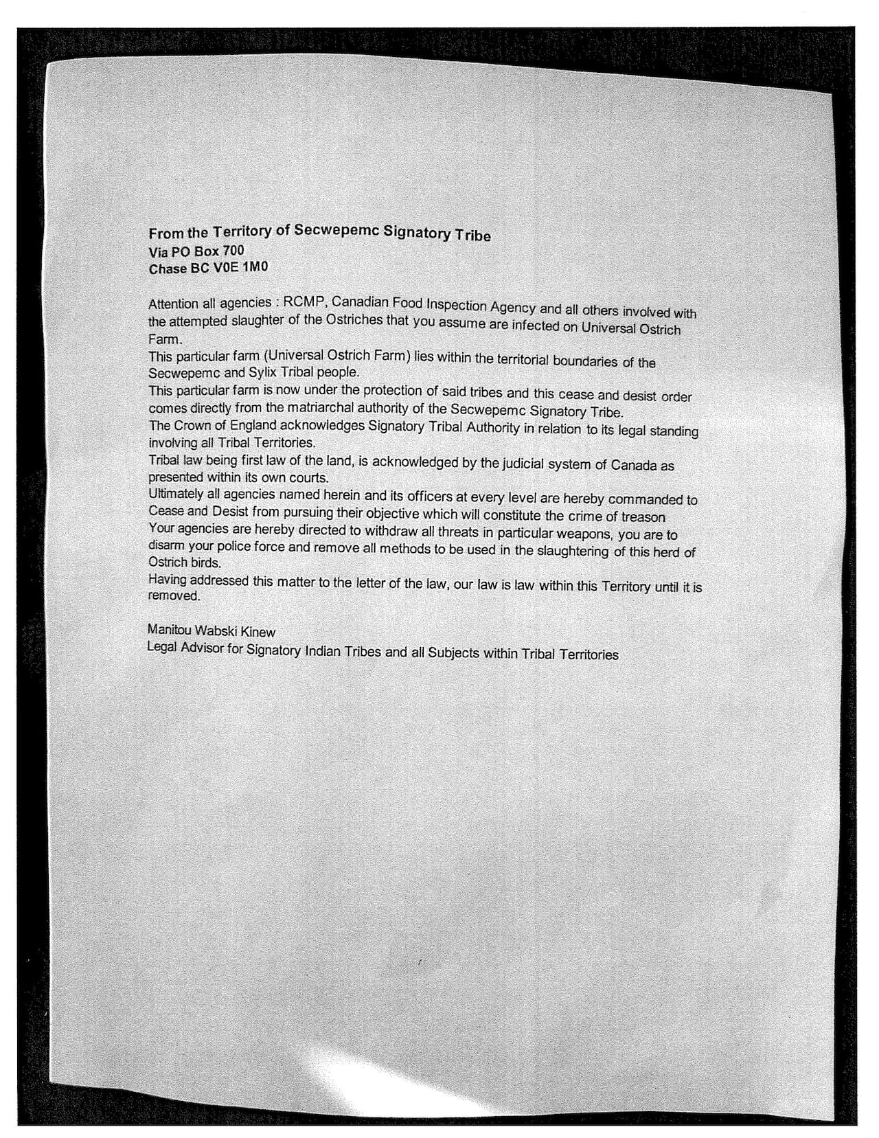Syilx Okanagan Nation chiefs deny issuing cease and desist letter in ostrich cull controversy