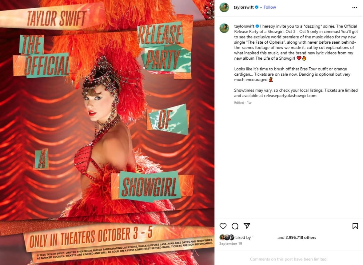 With her latest theatrical release, Taylor Swift eyes movie and music chart success