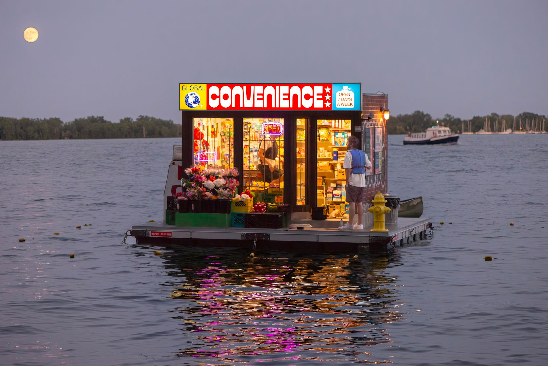 A unique floating convenience store on Lake Ontario under a full moon, Toronto.